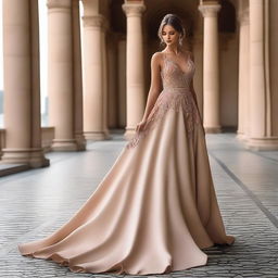 A beautiful model wearing an elegant evening dress