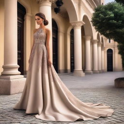 A beautiful model wearing an elegant evening dress