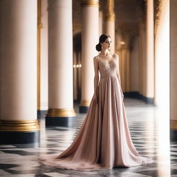 A beautiful model wearing an elegant evening dress, ready to attend a glamorous ball