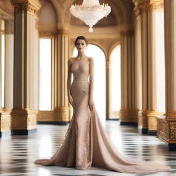 A beautiful model wearing an elegant evening dress, ready to attend a glamorous ball