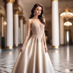 A beautiful model wearing an elegant evening dress, ready to attend a glamorous ball