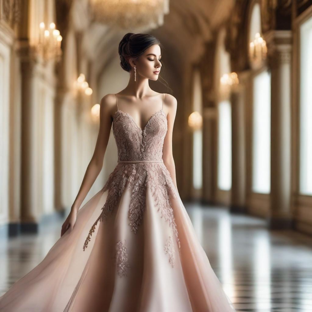 A beautiful model wearing an elegant evening dress, ready to attend a glamorous ball