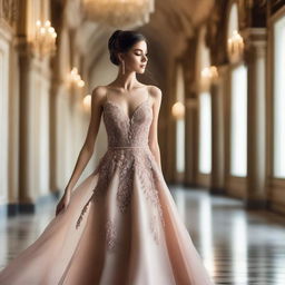 A beautiful model wearing an elegant evening dress, ready to attend a glamorous ball