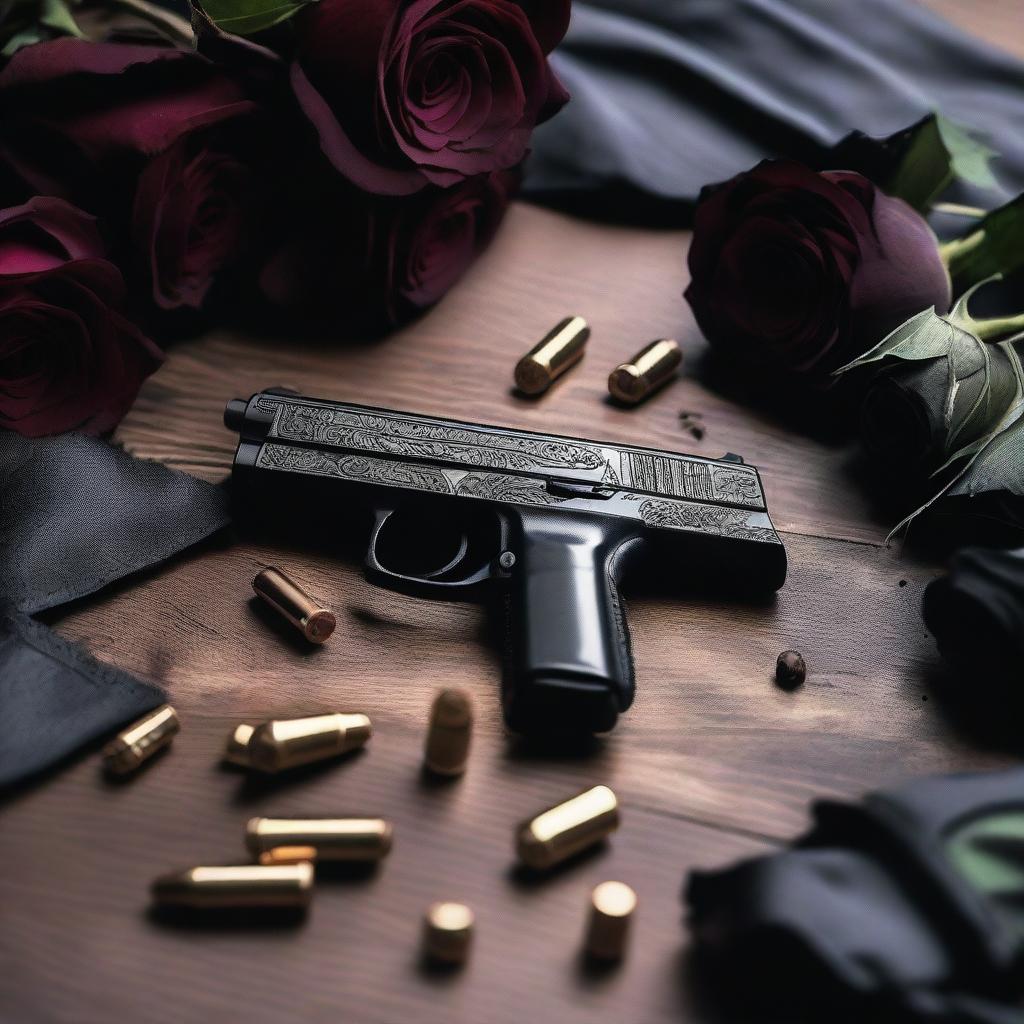 A detailed image of two different pistols and bullets placed on a table, with black roses artfully arranged around them