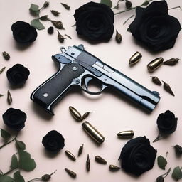 A detailed image of two different pistols and bullets placed on a table, with black roses artfully arranged around them