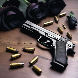 A detailed image of two different pistols and bullets placed on a table, with black roses artfully arranged around them