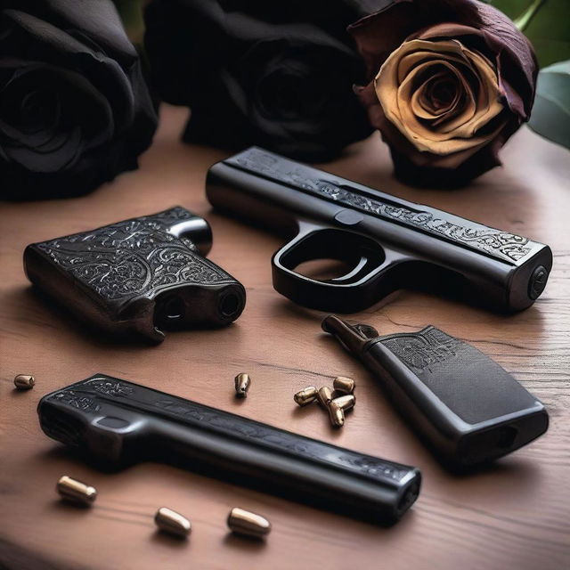 A detailed image of two different pistols and bullets placed on a table, with black roses artfully arranged around them