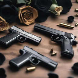 A detailed image of two different pistols and bullets placed on a table, with black roses carefully arranged around them