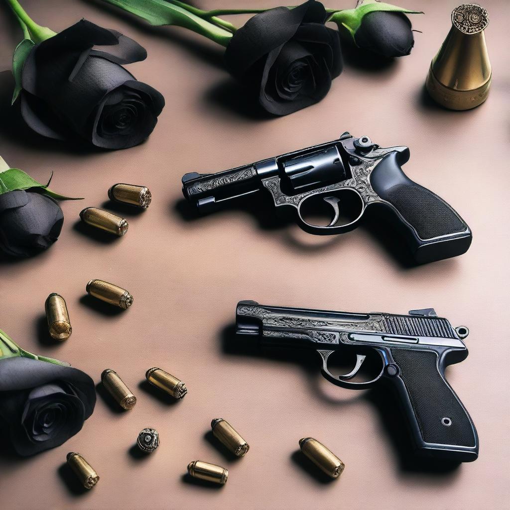 A detailed image of two different pistols and bullets placed on a table, with black roses carefully arranged around them