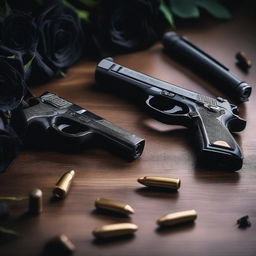 A detailed image of two different pistols and bullets placed on a table, with black roses carefully arranged around them