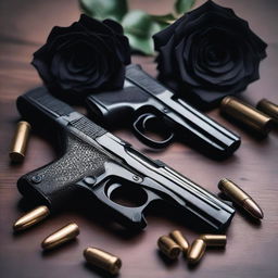 A detailed image of two different pistols and bullets placed on a table, with black roses carefully arranged around them