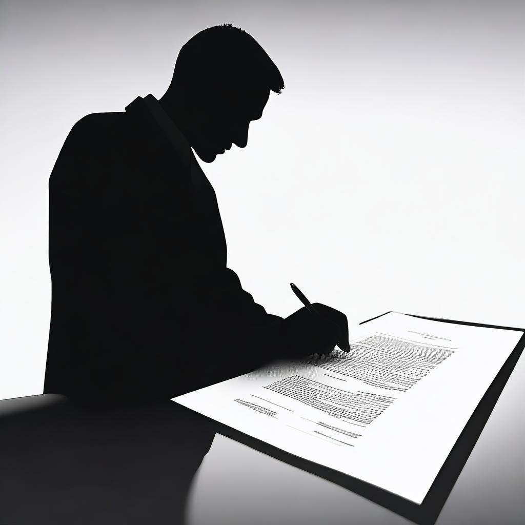 The silhouette of a person, with no identifiable facial features, signing a document