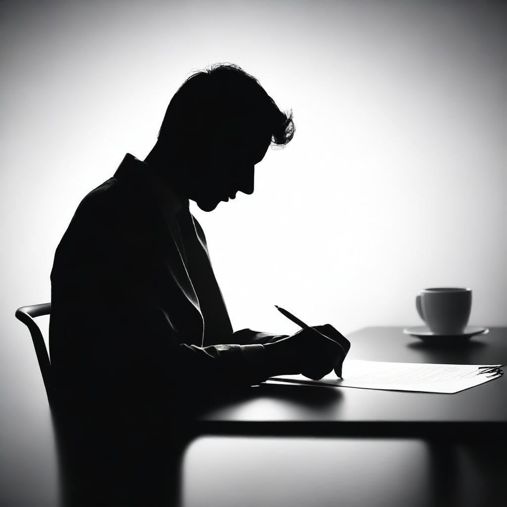 The silhouette of a person, with no identifiable facial features, signing a document