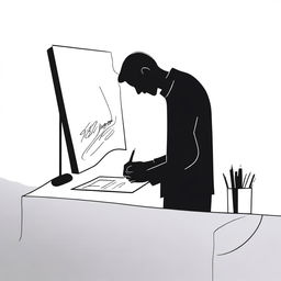 A silhouette of a person, made with a single continuous line, signing a document