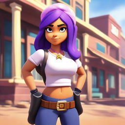 A realistic interpretation of Shelly from Brawl Stars, depicted in a real-life setting