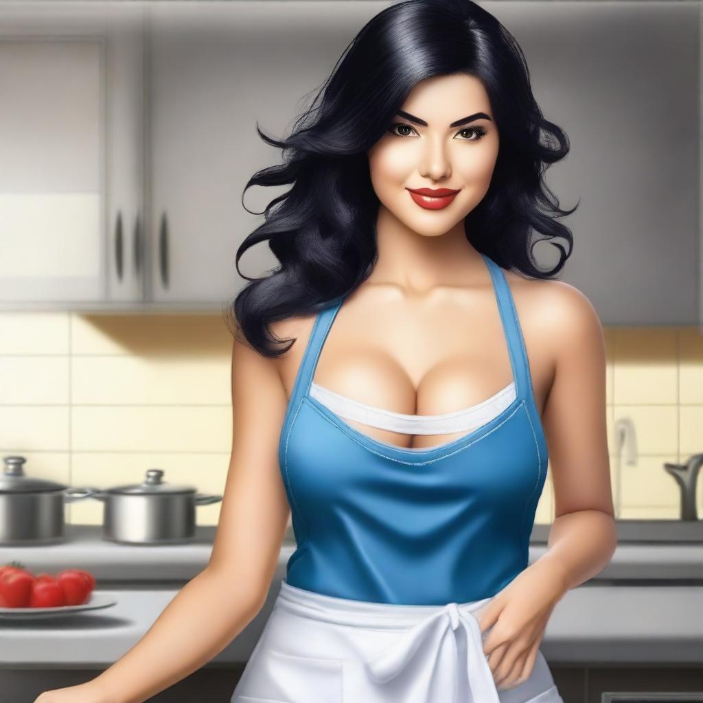 Create an image of a very sexy woman in a kitchen apron, with black hair, beautiful eyebrows, and eyes, exuding sensuality