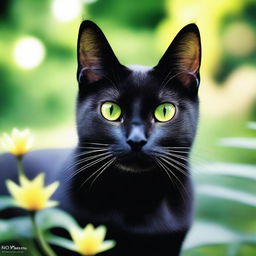 A sleek black cat with one green eye and another yellow eye