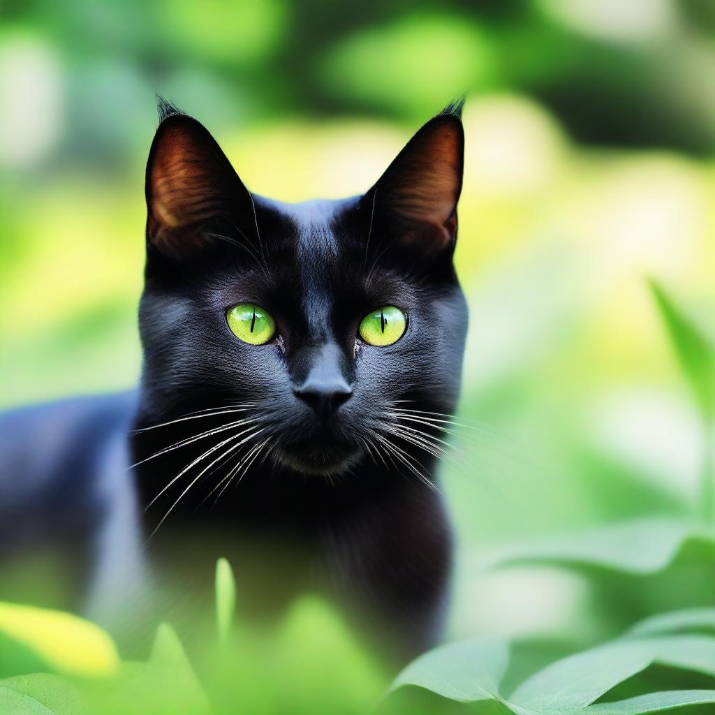 A sleek black cat with one green eye and another yellow eye