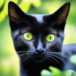 A sleek black cat with one green eye and another yellow eye