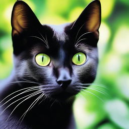 A sleek black cat with one green eye and another yellow eye