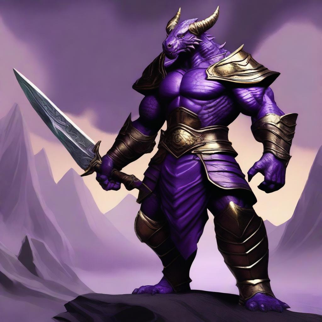 A muscular dragonborn warrior with purple skin wearing purple and gold armor