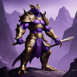 A muscular dragonborn warrior with purple skin wearing purple and gold armor