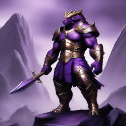 A muscular dragonborn warrior with purple skin wearing purple and gold armor