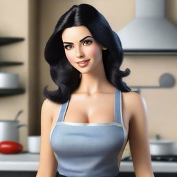 Create a realistic image of a very sexy woman in a kitchen apron, with black hair, beautiful eyebrows, and eyes, exuding sensuality