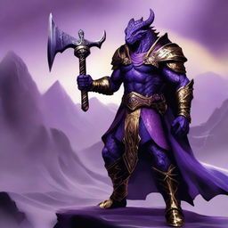 A muscular dragonborn warrior with purple skin, wearing purple and gold armor