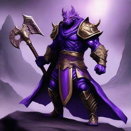 A muscular dragonborn warrior with purple skin, wearing purple and gold armor