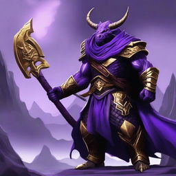 A muscular dragonborn warrior with purple skin, wearing purple and gold armor