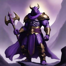 A muscular dragonborn warrior with purple skin, wearing purple and gold armor