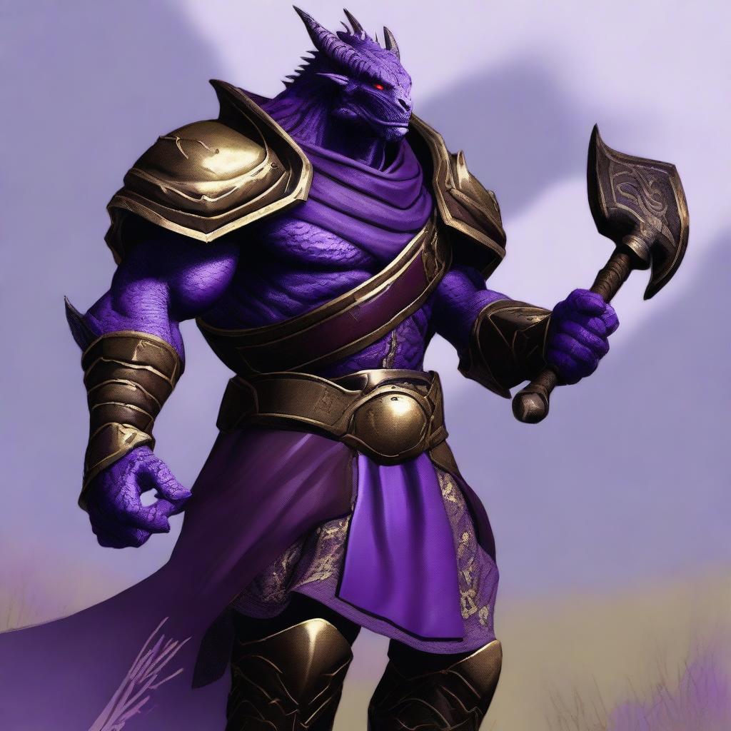 A muscular dragonborn warrior with purple skin, wearing purple and gold armor