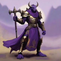 A muscular dragonborn warrior with purple skin, wearing purple and gold armor