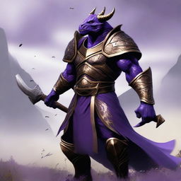 A muscular dragonborn warrior with purple skin, wearing purple and gold armor