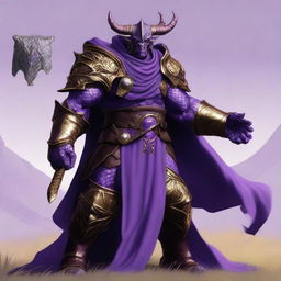 A muscular dragonborn warrior with purple skin, wearing purple and gold armor