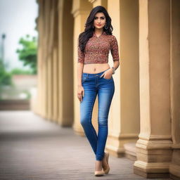 A beautiful Indian woman wearing stylish tight jeans, posing confidently