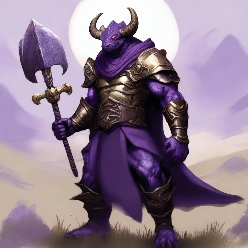 A muscular dragonborn character with purple skin and purple-gold armor