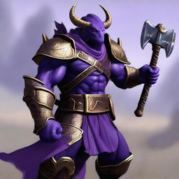 A muscular dragonborn character with purple skin and purple-gold armor