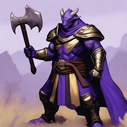 A muscular dragonborn character with purple skin and purple-gold armor