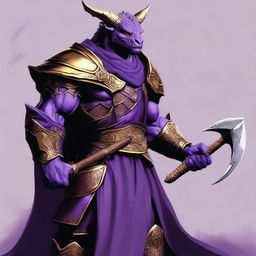 A muscular dragonborn character with purple skin and purple-gold armor