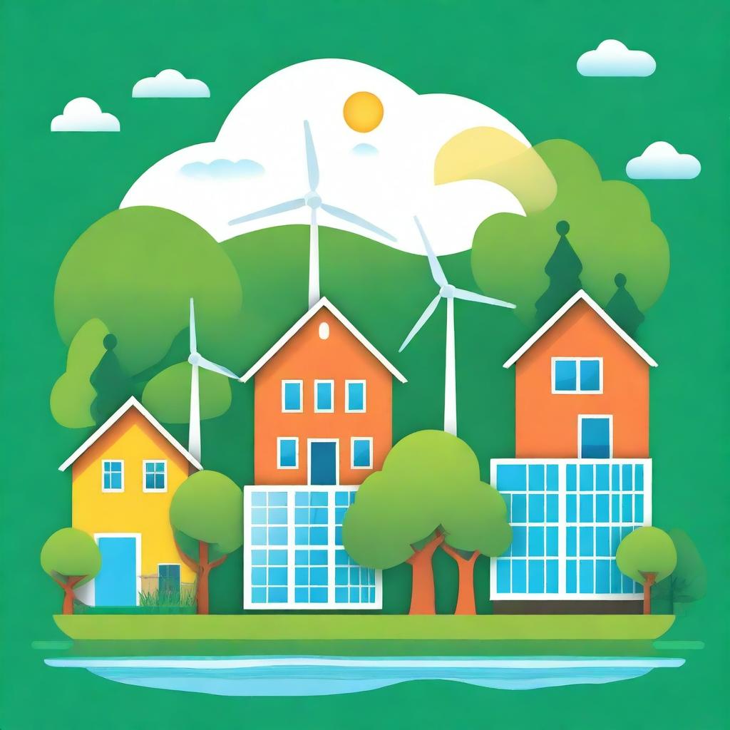 A vibrant illustration showcasing climate change, sustainable design, and renewable energy