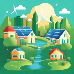 A vibrant illustration showcasing climate change, sustainable design, and renewable energy