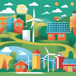 A vibrant illustration showcasing climate change, sustainable design, and renewable energy