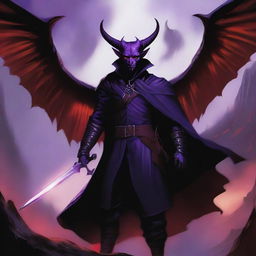 A Tiefling with wings, wearing a black coat