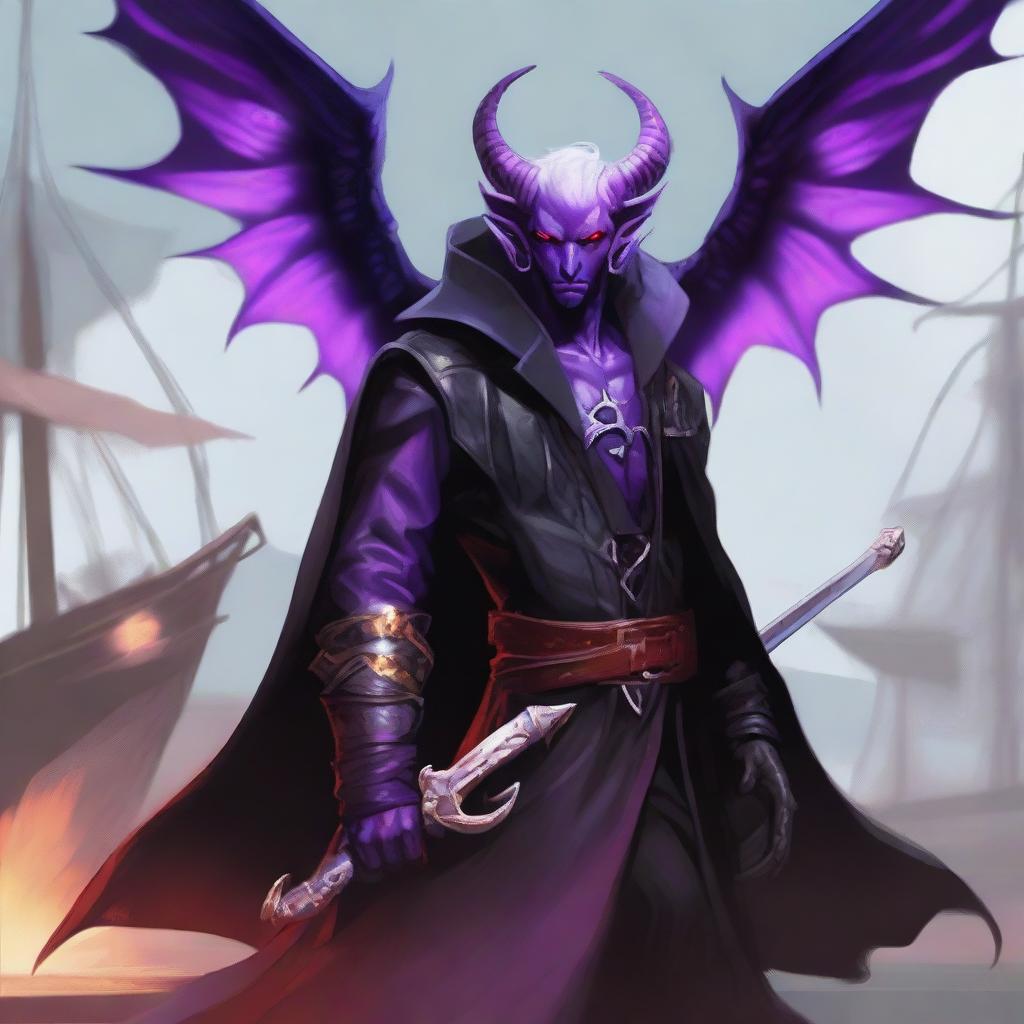 A Tiefling with wings, wearing a black coat, holding a large sword with a purple flame at the tip of the blade