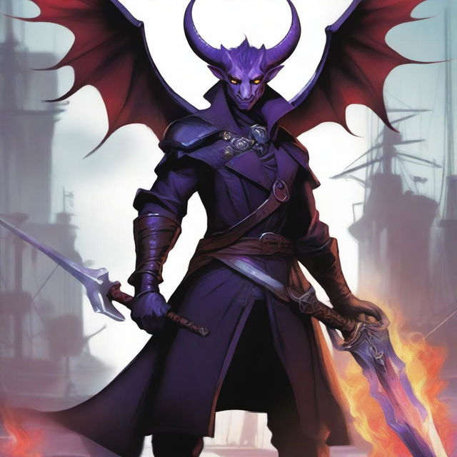 A Tiefling with wings, wearing a black coat, holding a large sword with a purple flame at the tip of the blade