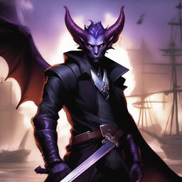 A Tiefling with wings, wearing a black coat, holding a large sword with a purple flame at the tip of the blade