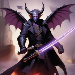 A Tiefling with wings, wearing a black coat, holding a large sword with a purple flame at the tip of the blade