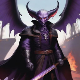 A 50-year-old Tiefling with wings, wearing a black coat, holding a large sword with a purple flame at the tip of the blade